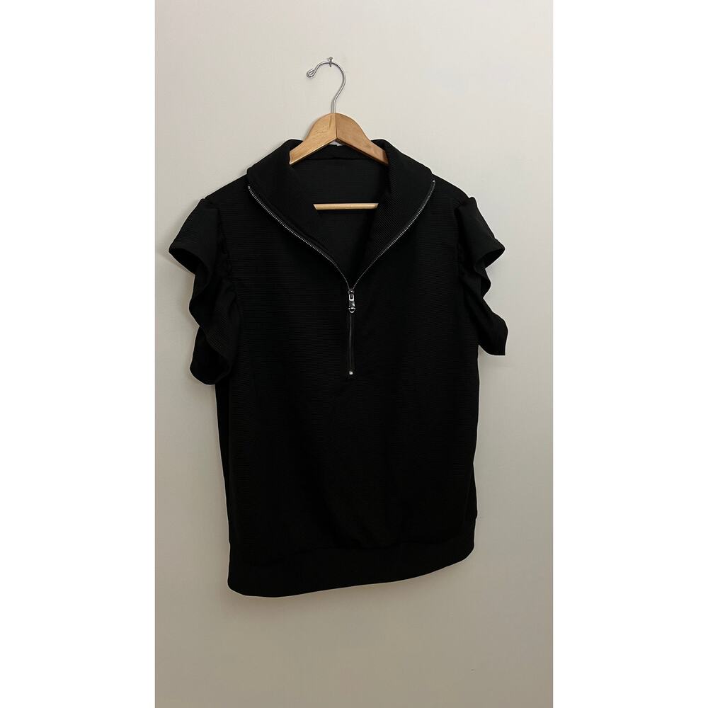 Black Ribbed Half Zip Top with Ruffle Sleeves Size XL‎